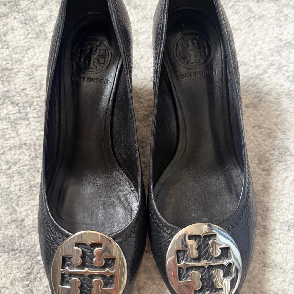 Tory Burch Black Leather Logo Peep Toe Wedge